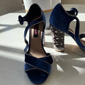 Betsyville blue suede open toed with bejeweled heels. Size 7